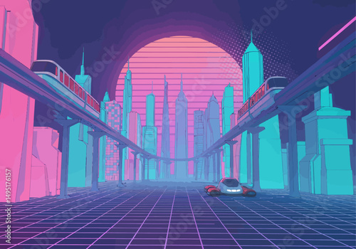 Vibrant Mid-Century Sci-Fi Cityscape with Hovercar, Chrome Monorails, and Retro-Futuristic Neon Grid in Vector Style