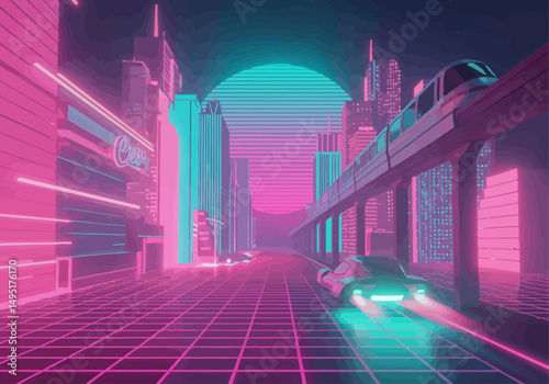 Vibrant Mid-Century Sci-Fi Cityscape with Hovercar, Chrome Monorails, and Retro-Futuristic Neon Grid in Vector Style