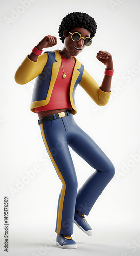 Groovy man dancing joyfully in stylish 70s attire
