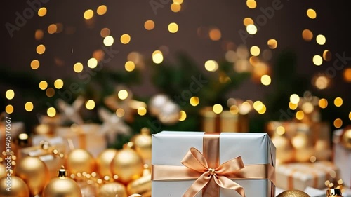 Present box on the background from bokeh and lights, decorations and concept of event