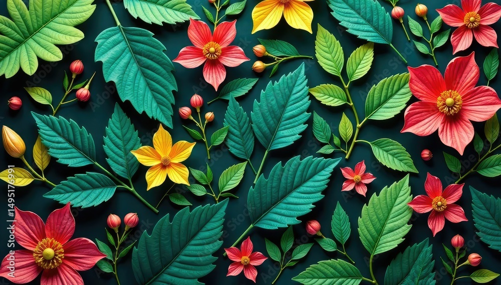 Fototapeta premium Interlocking natural elements create a seamless pattern , textile, stem, growth