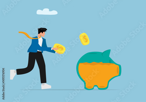 Businessman Saving Money by Putting Coins into Piggy Bank Symbolizing Financial Planning and Investment