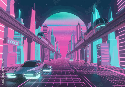 Vibrant Mid-Century Sci-Fi Cityscape with Hovercar, Chrome Monorails, and Retro-Futuristic Neon Grid in Vector Style