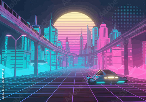 Vibrant Mid-Century Sci-Fi Cityscape with Hovercar, Chrome Monorails, and Retro-Futuristic Neon Grid in Vector Style