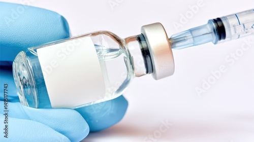 A highly detailed macro photograph of a syringe needle piercing the rubber stopper of a small glass medicine vial. The vial is realistically sized, filled with clear liquid, and has a perfectly clean 