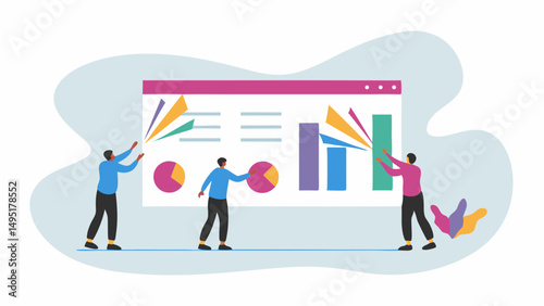 Three people interacting with a dashboard displaying charts and graphs in a collaborative setting showing data
