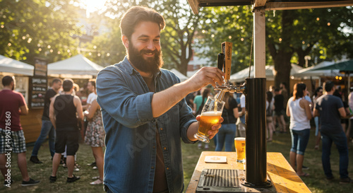 Bearded man pouring draft beer at outdoor summer festival photo