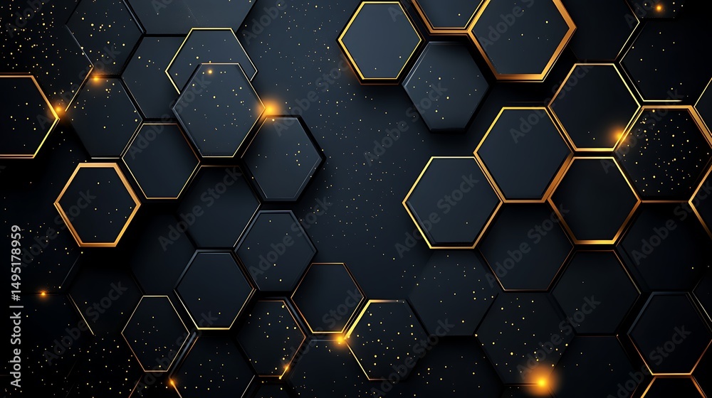 Abstract image of black and gold hexagonal pattern with a 3D effect