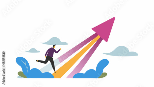 Man running up a colorful arrow toward a pink arrowhead with clouds and blue plants around it
