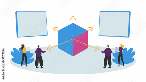 People standing around a cube with arrows pointing outwards and two screens on either side of it