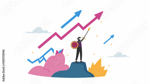 Man standing on a hill with shield and spear looking at upward trending arrows in the background