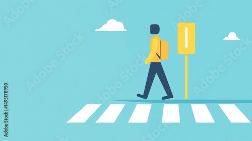 Student walking across crosswalk to school, minimalist vector illustration.