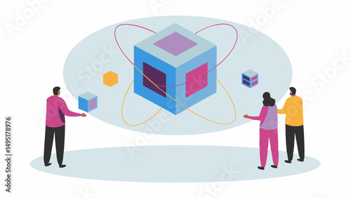 Isometric illustration of people interacting with cubes and circular orbits in a digital environment