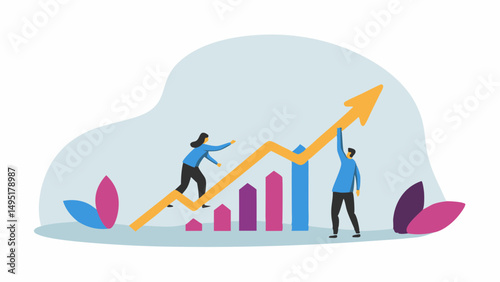 Illustration of two people working together to improve a rising bar graph with an upward arrow