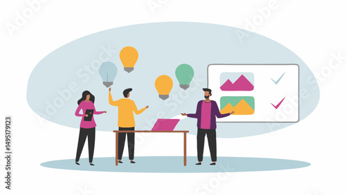 Illustration of three people brainstorming with lightbulbs and a board showing images and checkmarks