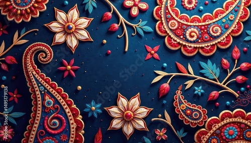 Intricate paisley pattern flows seamlessly across the fabric , motif, background, floral