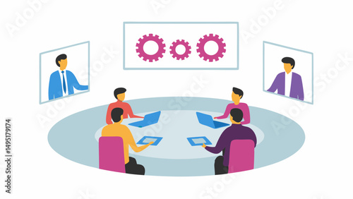 Illustration of a round table meeting with remote participants and gear graphic on the wall above it