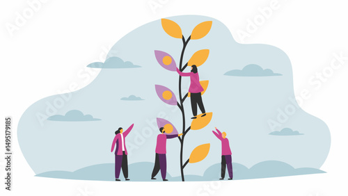Illustration of people tending to a growing plant with yellow and purple leaves under a cloudy sky