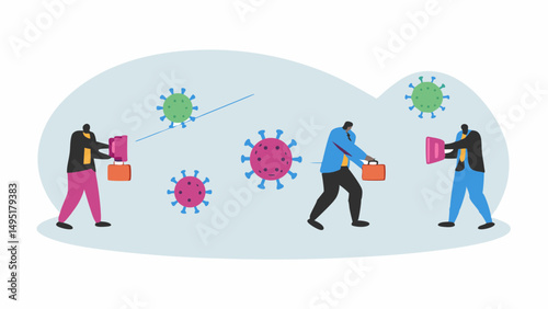 Illustration of people in suits with briefcases avoiding floating virus particles in a light blue space
