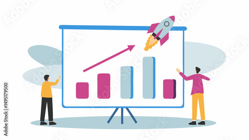 Illustration of two people presenting a rising bar graph with a rocket launch on a presentation board