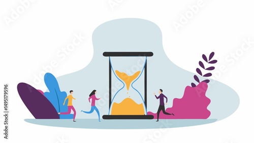 People running against time represented by a large hourglass with surrounding foliage and light background