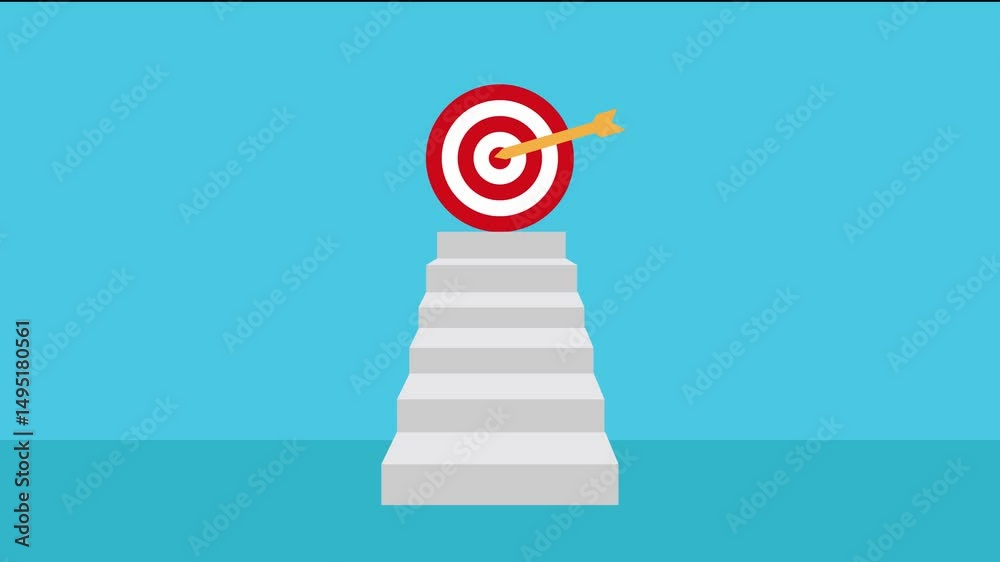 animation stair with red target and arrow.concept of business target,sucessfull business,business goal