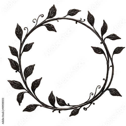 A dark, stylized circular wreath of leaves and vines on a clean white background. This design element is excellent for invitations, logos, wedding themes, or vintage-style graphic projects.

