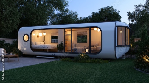 Futuristic Tiny House in a Serene Backyard Oasis at Dusk