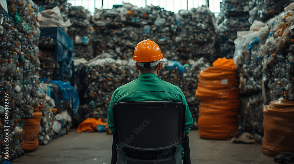 Fototapeta premium Worker oversees vast recycled plastic piles at recycling facility. Focus on sustainability and environmental responsibility in waste management practices.