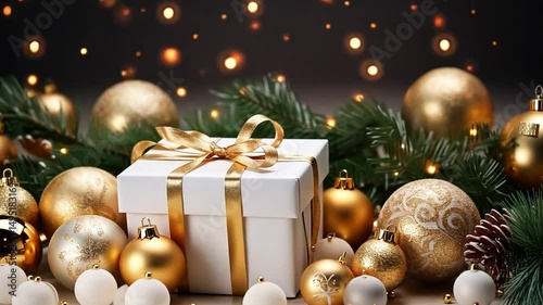 Present box on the background from bokeh and lights, decorations and concept of event