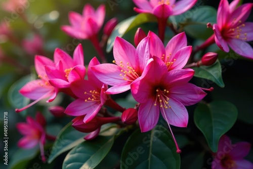 Vibrant fuchsia blossoms, intricate leaf details, bloom, magenta