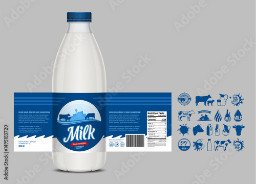 Vector milk label design, packaging design template. Milk bottle with label. Dairy icons and design elements