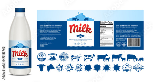 Vector milk label design, packaging design template. Milk bottle with label. Dairy icons and design elements, food banner, dairy illustrations