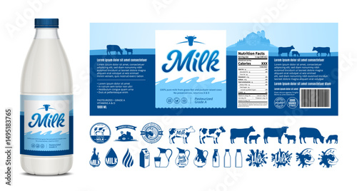 Vector milk label design, packaging design template. Milk bottle with label. Dairy icons and design elements, food banner, dairy illustrations