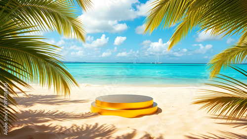 Golden Product Display on Tropical Beach with Palm Trees and Ocean View