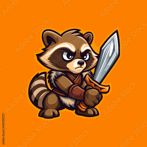 Creative esports logo featuring a raccoon character wielding a sword in an engaging design against a vibrant orange background