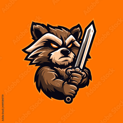 Strong and fierce esports logo featuring a raccoon holding a sword against an orange background