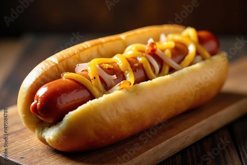 Hot dog in a toasted bun with onions and cheese , snack, frankfurter