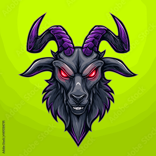 Stylized esports logo featuring a fierce black goat head with glowing red eyes and purple horns against a vibrant green background