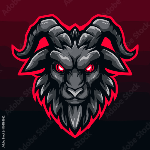 Fierce black goat esports logo design featuring red eyes with a striking dark background