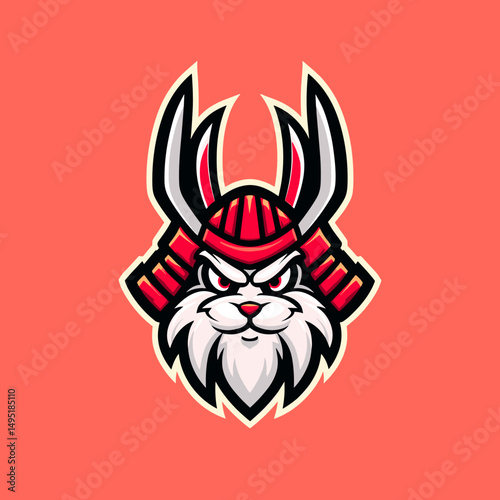 Unique esports logo featuring a fierce warrior rabbit with horns and red accents on a vibrant coral background