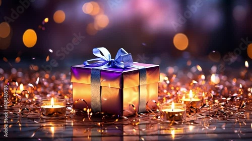 Present box on the background from bokeh and lights, decorations and concept of event