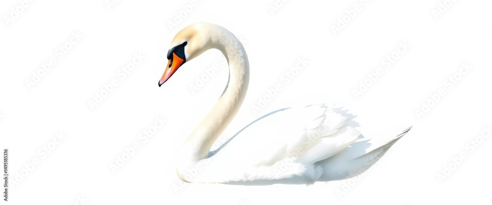 Fototapeta premium A graceful white swan, depicted in watercolor style, is isolated against a clean white background, offering ample negative space, blank, simple