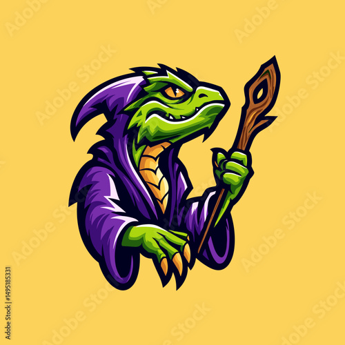 Unique esports logo featuring a reptilian character in a purple robe holding a wooden staff against a vibrant yellow background