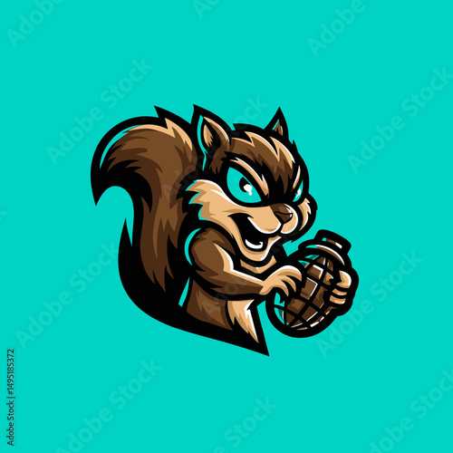 Dynamic esports logo featuring an aggressive squirrel holding a grenade on a vibrant turquoise background