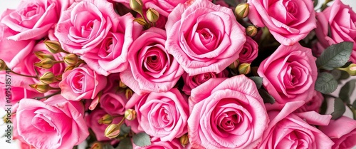 A lush watercolor bouquet of pink roses, varying shades and blooms, delicate leaves, green, romance