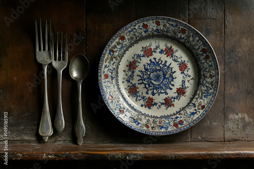 Ornate vintage plate with silverware rests on aged wood
