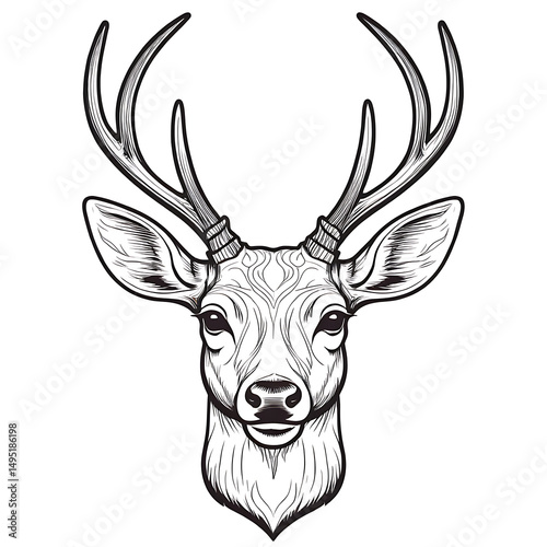 A detailed black and white line art illustration of a deer head with antlers and intricate markings, perfect for nature themes, tribal art, or tattoo designs.