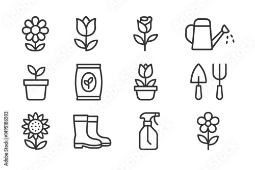 Vector illustration of gardening tools and plants depicting springtime gardening activities in a modern style