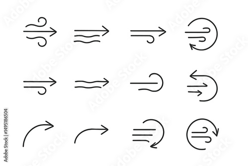 Modern vector illustration depicting various wind symbols and arrows indicating direction and movement in a dynamic, minimalistic style